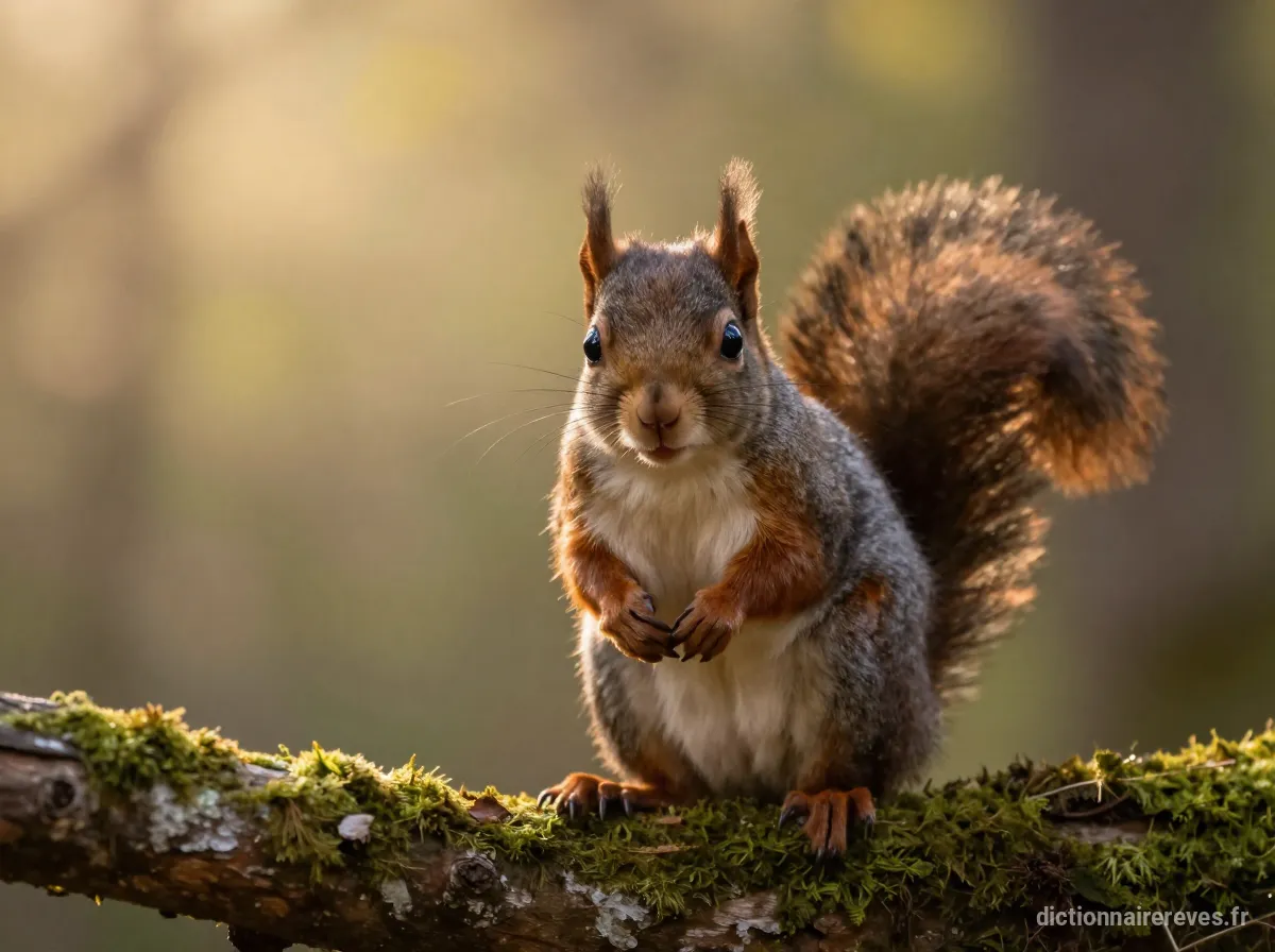 Un écureuil au regard profond, perché sur une branche dans une forêt éclairée par la lumière dorée du coucher de soleil, symbolisant l'introspection sur la vie et la mort.
