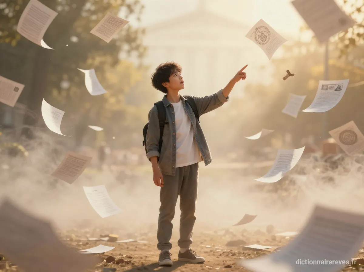 Un élève parle au rêveur, pointant vers des symboles administratifs abstraits comme des papiers tourbillonnants et des tampons officiels, avec un arrière-plan légèrement flou, chaleureux et encourageant.