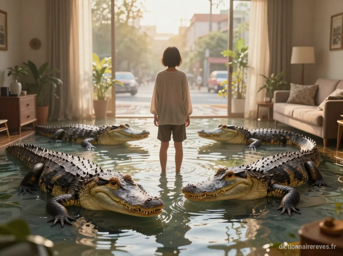 Une personne vue à mi-corps, entièrement vêtue de vêtements de tous les jours, observant calmement des caïmans dans l'eau de sa maison inondée, avec une vue floue sur la cour et la ville en arrière-plan baignée d'une lumière dorée.