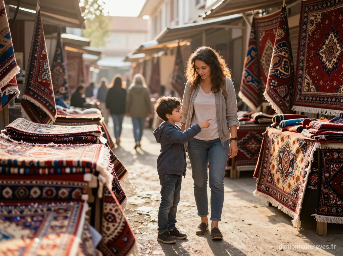Une mère et son fils choisissent un tapis coloré sur un marché animé, sous la lumière dorée de fin de journée.