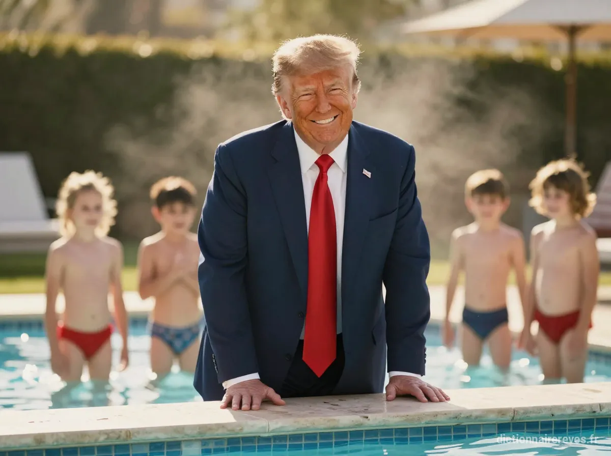 Donald Trump inaugurant une piscine avec des enfants heureux en arrière-plan, sous un éclairage chaleureux.