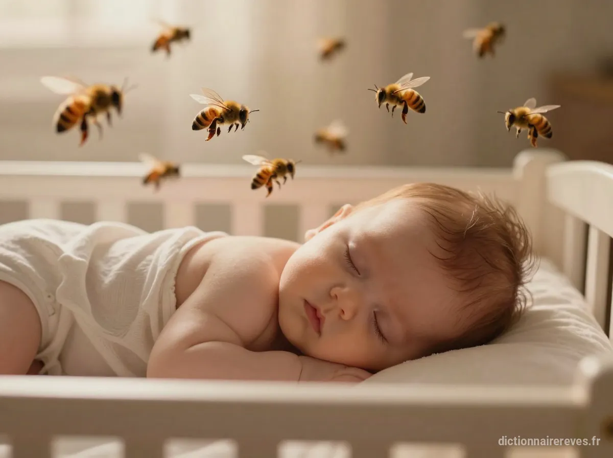 Un bébé endormi paisiblement dans son berceau, entouré de manière protectrice par des abeilles douces et stylisées, sous une lumière chaude et rassurante.