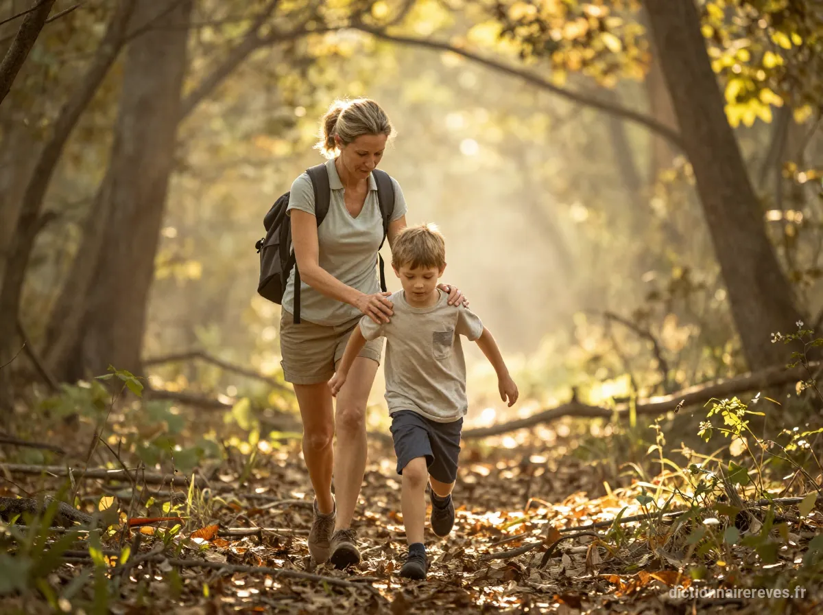 Un enfant courant dans une forêt ensoleillée, protégé par sa mère, avec un frère plus âgé devant eux.