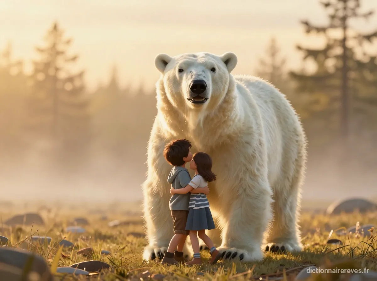 Une personne jouant joyeusement avec un grand ours blanc dans un paysage naturel ensoleillé, reflétant l'innocence et le bonheur partagé.