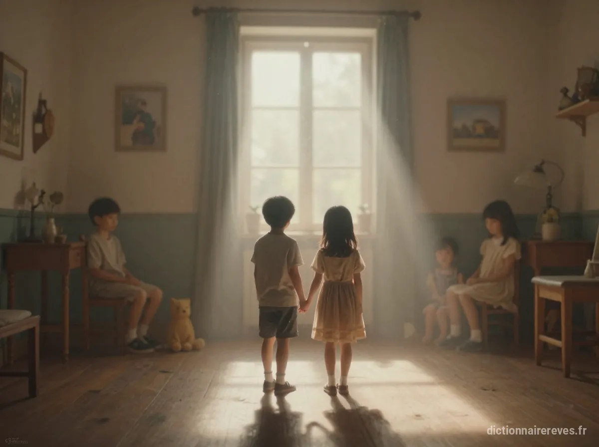 Une scène émouvante dans une maison d'enfance, avec des rayons de lumière volumétrique traversant une fenêtre, créant une ambiance de souvenir doux-amer.