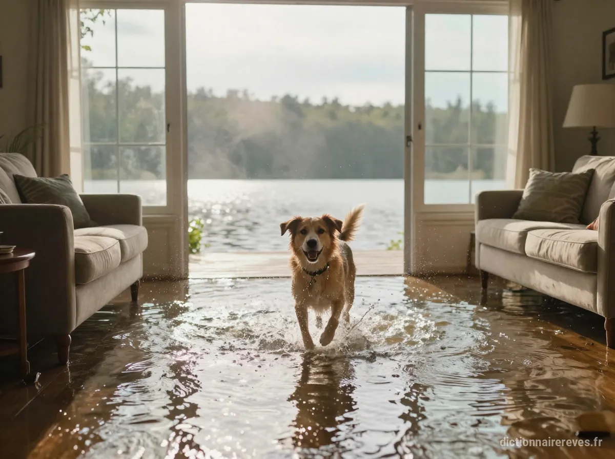 Un chien joueur saute joyeusement dans l'eau d'un lac qui a atteint la galerie d'une maison, sous un soleil lumineux.