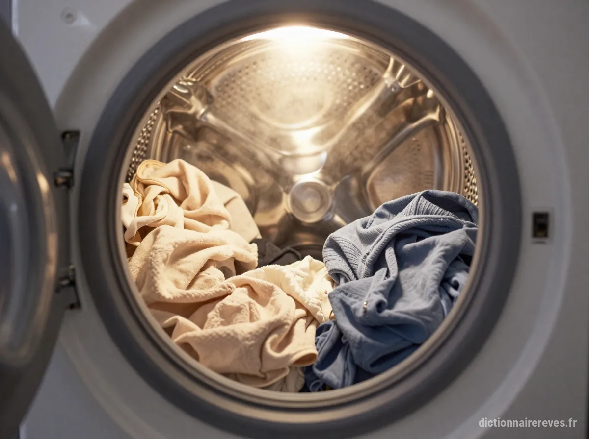 Une machine à laver remplie de linge propre, d'où émane une douce lumière dorée, symbolisant la transformation des responsabilités.