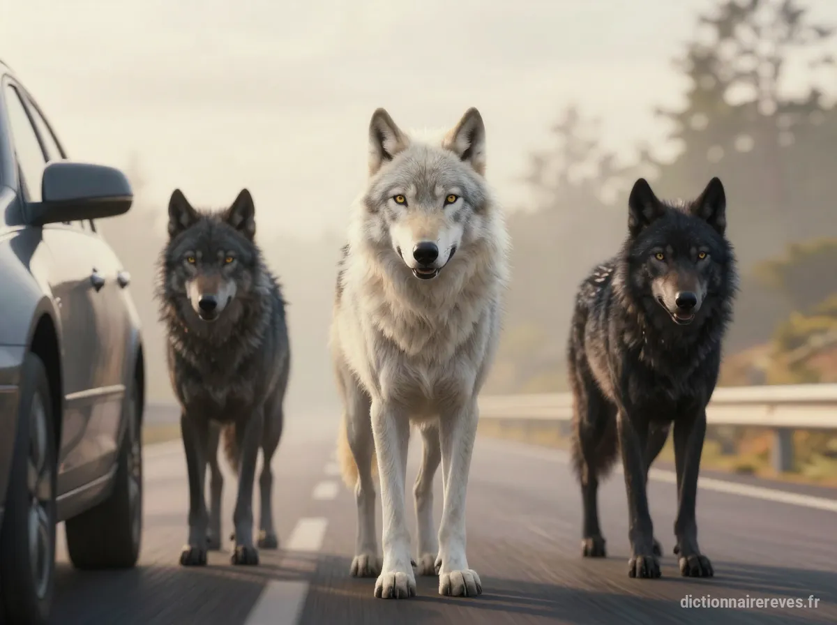 Trois loups, un blanc et deux noirs, s'approchant d'une voiture sur une voie rapide sous un éclairage doré, symbolisant la protection et la guidance.