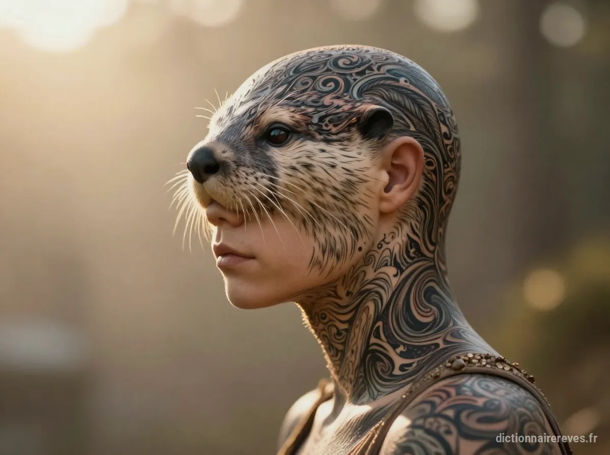 Tatouage artistique de loutre sur le crâne rasé, reflétant la paix intérieure et la fascination.