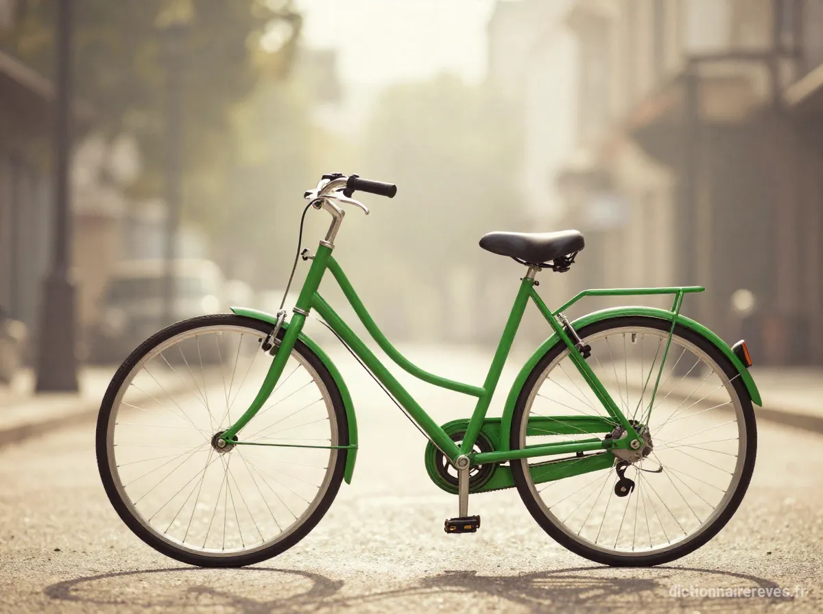 Un vélo vert vif symbolisant une opportunité manquée, baigné d'une lumière chaleureuse.