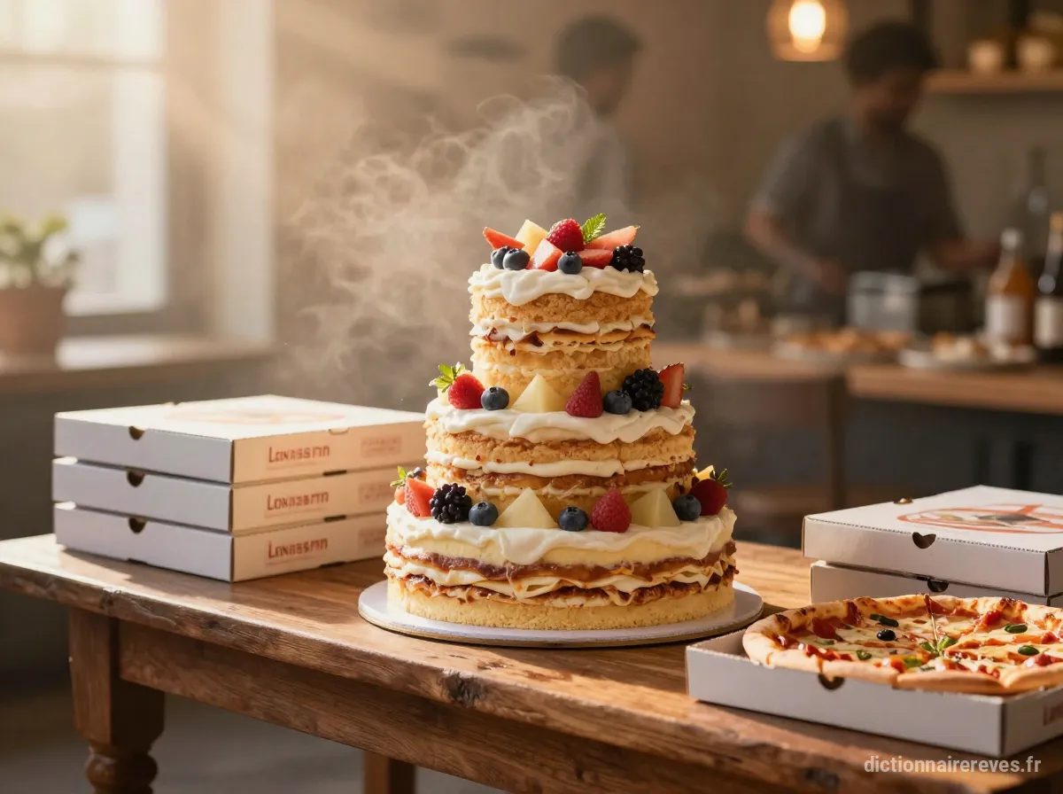 Un énorme gâteau décoré et des boîtes de style pizza sur un buffet en bois, éclairé par une lumière dorée chaleureuse.