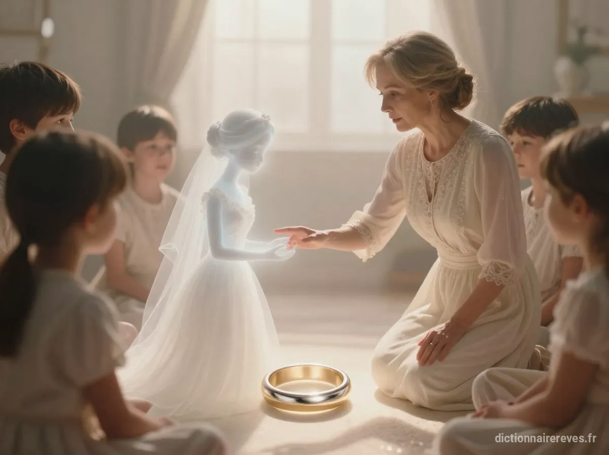 Une scène symbolique et émouvante représentant une alliance perdue sur un fond doux et flou. Une douce lueur éthérée émane d'une figure spectrale et aimante d'une mère décédée tendant la main pour aider, entourée de la présence subtile et de soutien des e
