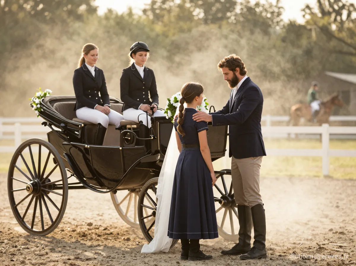 Une calèche de mariage est préparée dans un centre équestre, avec des cavalières et un homme barbu interagissant avec une personne.
