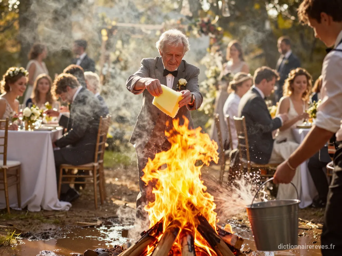 Une scène de rêve surréaliste où un feu jaune et rouge jaillit d'un morceau de polystyrène cassé par une ancienne collègue lors d'un banquet de mariage, le tout éteint par le rêveur avec un seau d'eau.
