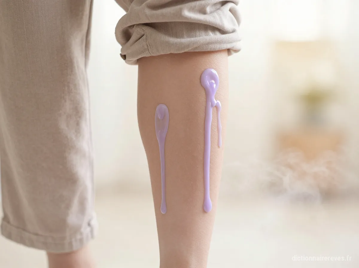 Une jambe gauche entièrement vêtue d'une personne d'où émane doucement une substance lumineuse couleur lavande, symbolisant la guérison.
