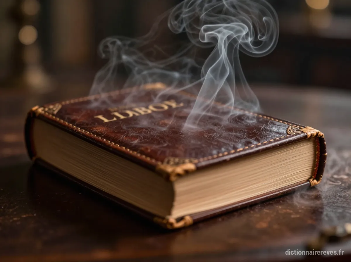 Un dictionnaire ancien et mystérieux entouré d'une fumée grise, symbolisant la récupération de connaissances et de pouvoir personnel.