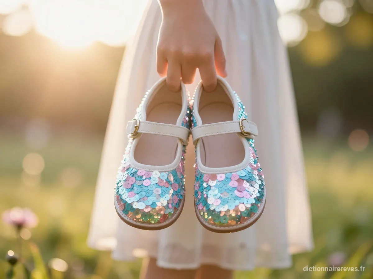 Une paire de chaussures d'enfant neuves couvertes de mini sequins pastels bleus ciel, roses et blancs, brillant au soleil, tendues par une main maternelle.