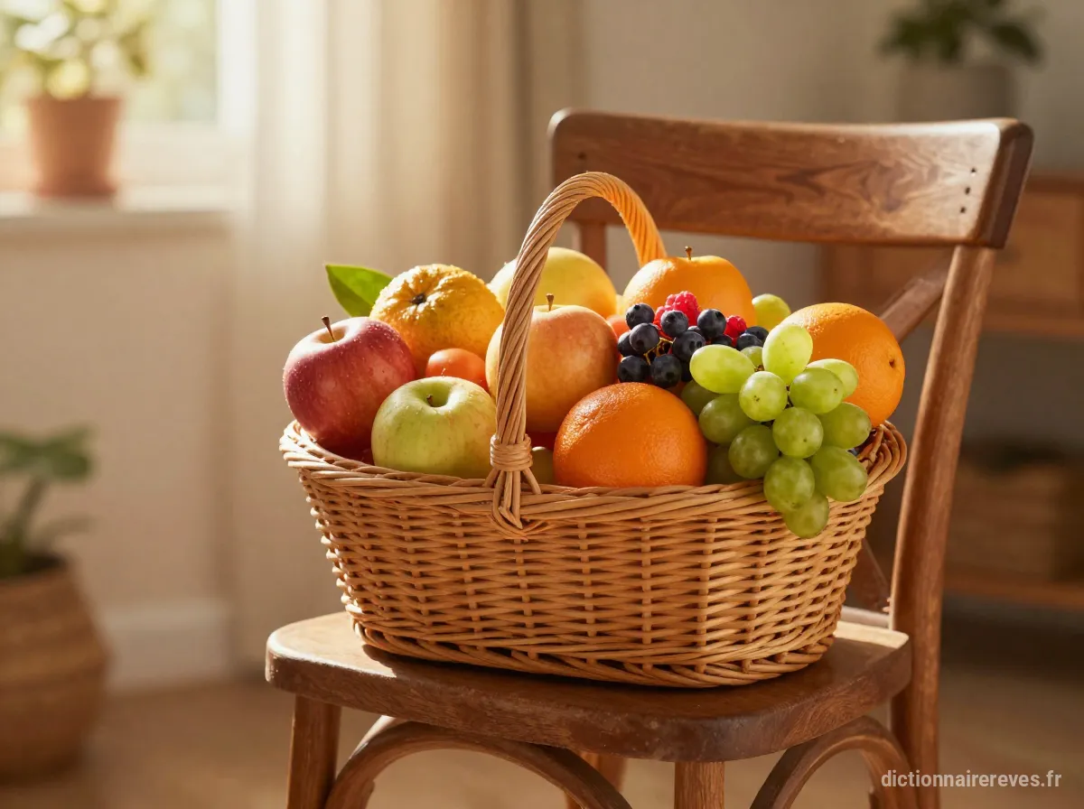 Un panier de fruits généreux posé sur une chaise neuve, symbolisant l'abondance et le confort.
