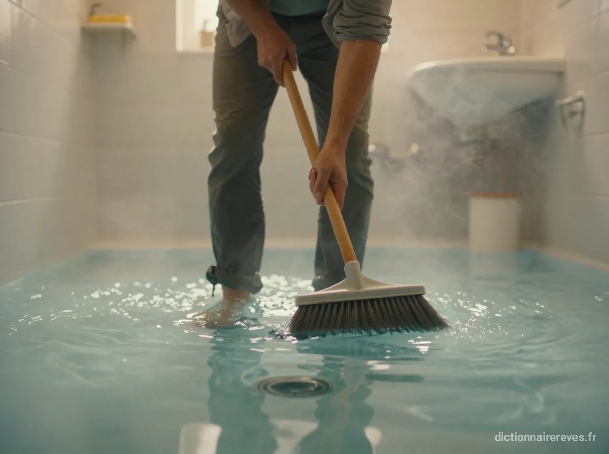 Une salle de bain inondée où l'eau monte et refuse de s'évacuer, avec une personne déterminée essayant de la balayer vers une canalisation bouchée.