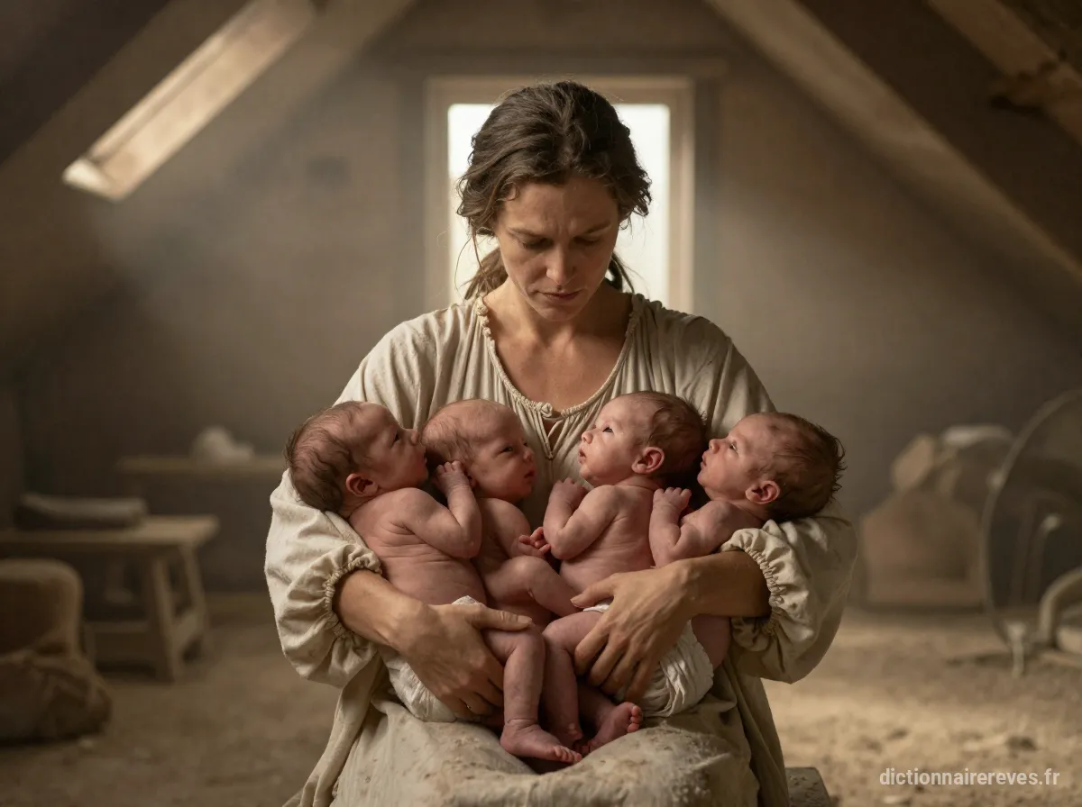 Une mère protège tendrement ses quatre bébés dans un grenier faiblement éclairé, symbolisant la force et l'amour protecteur.