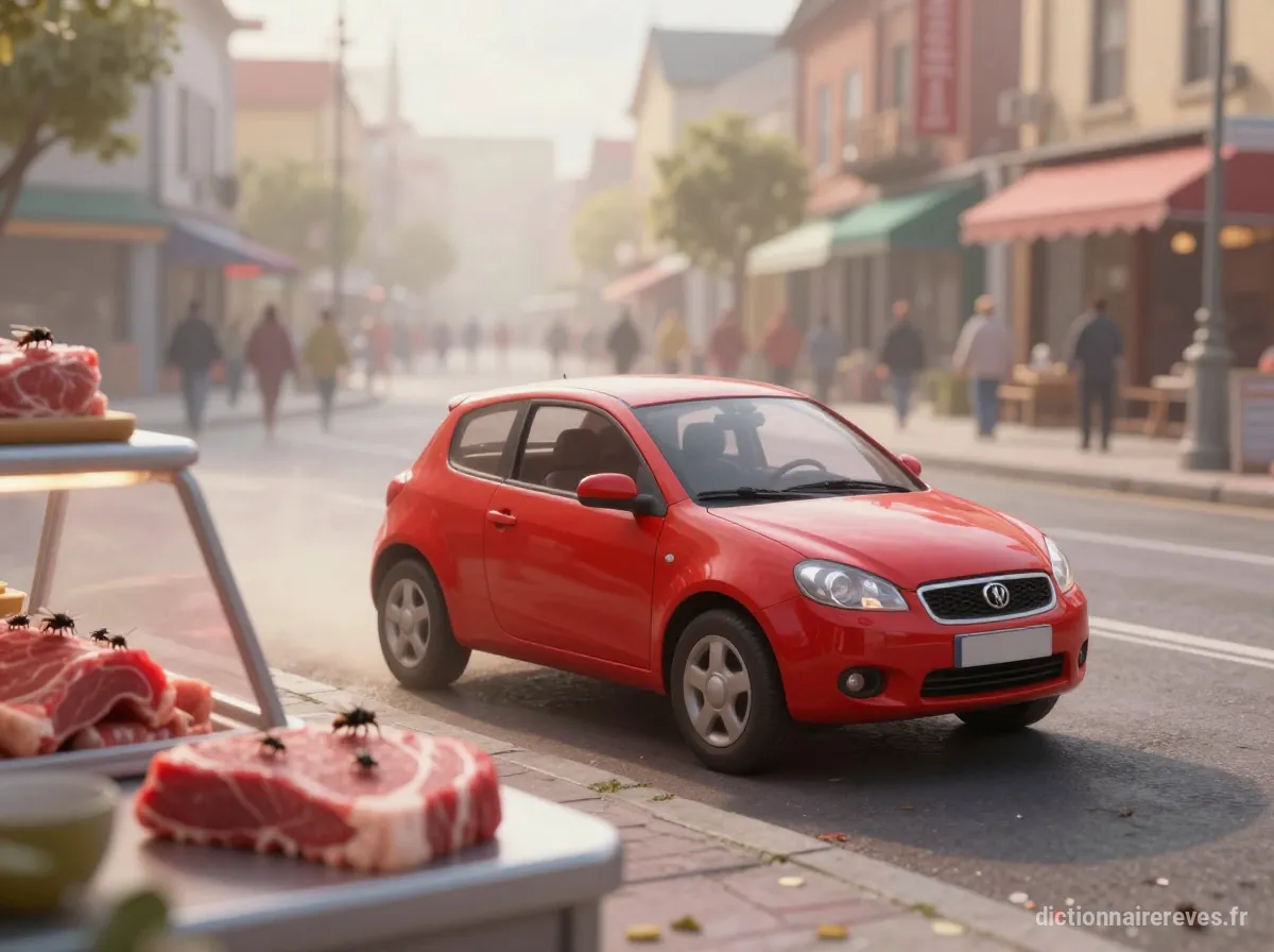 Une petite voiture rouge garée difficilement, avec de la viande recouverte de mouches sur un étal, dans une scène de rêve surréaliste.