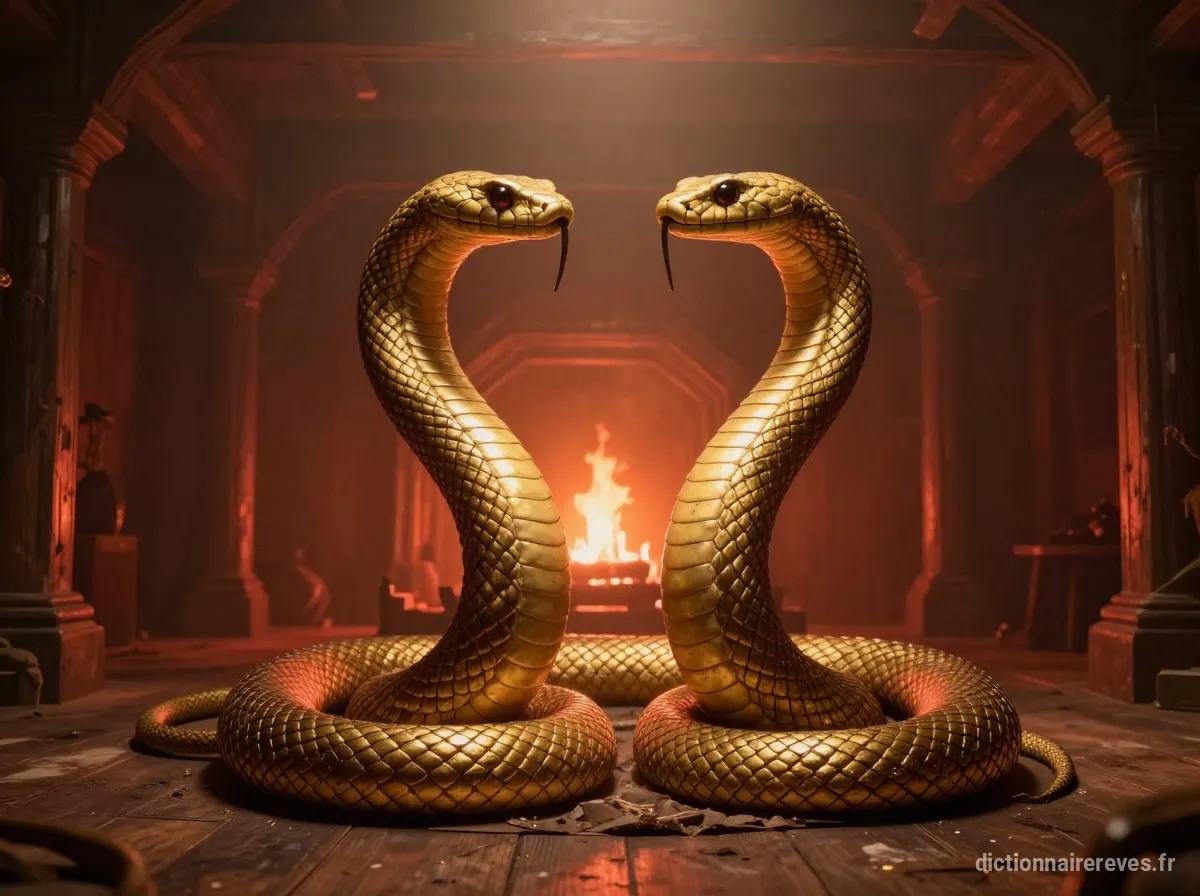 Deux gros serpents dorés enroulés dans un sous-sol faiblement éclairé avec une lueur rougeâtre.