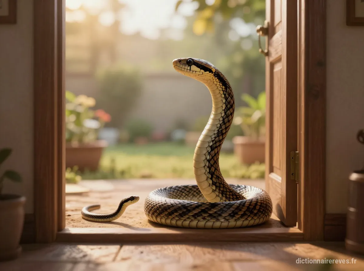 Un serpent parent non agressif sortant de sa maison, suivi de son bébé, sous un éclairage chaleureux et mystique.