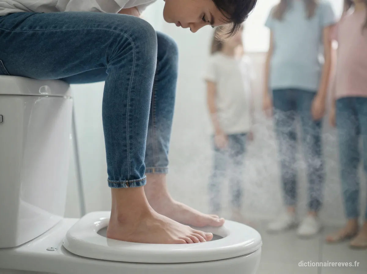 Une personne entièrement vêtue, aux expressions confuses, se tient dans une salle de bain lumineuse après avoir uriné accidentellement sur le battant des toilettes, entourée d'une activité floue.
