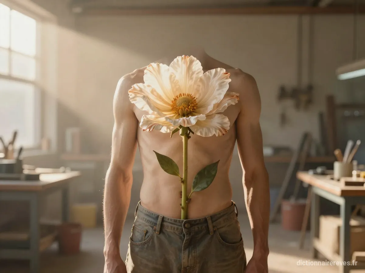 Une fleur délicate émergeant symboliquement du torse, dans une scène chaleureuse et lumineuse évoquant la guérison.