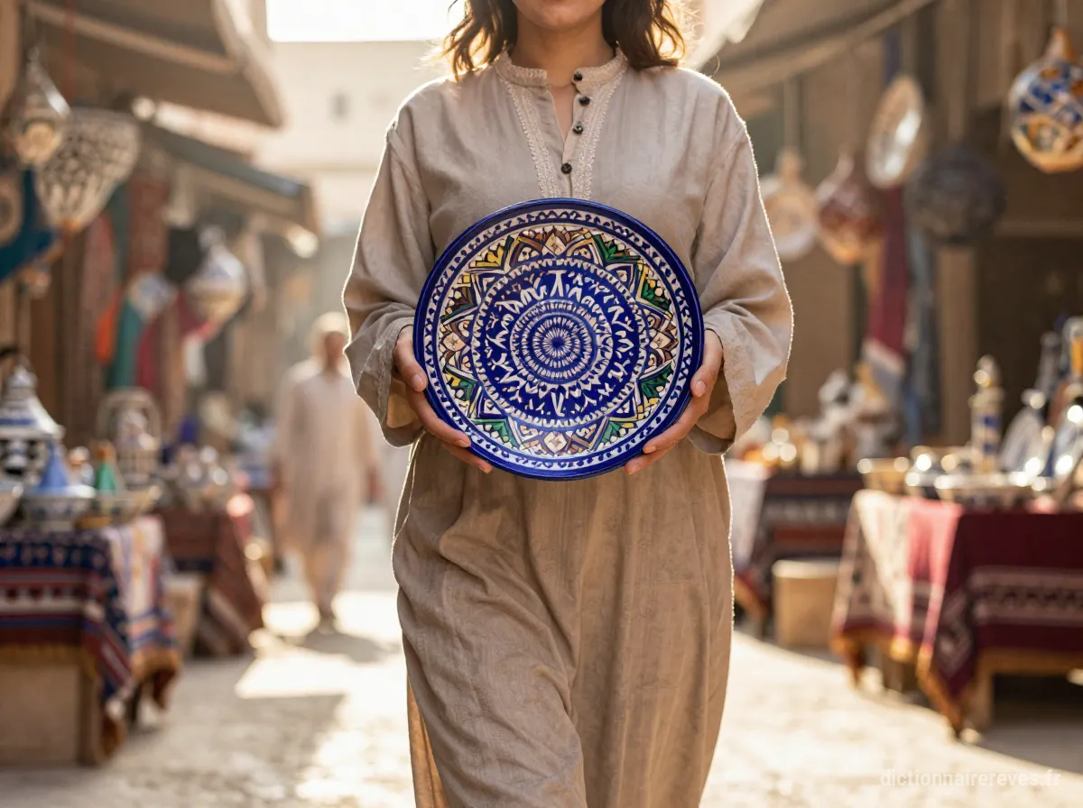 Une personne marchant avec assurance dans un souk ensoleillé, tenant un plat Taous neuf aux couleurs vives.