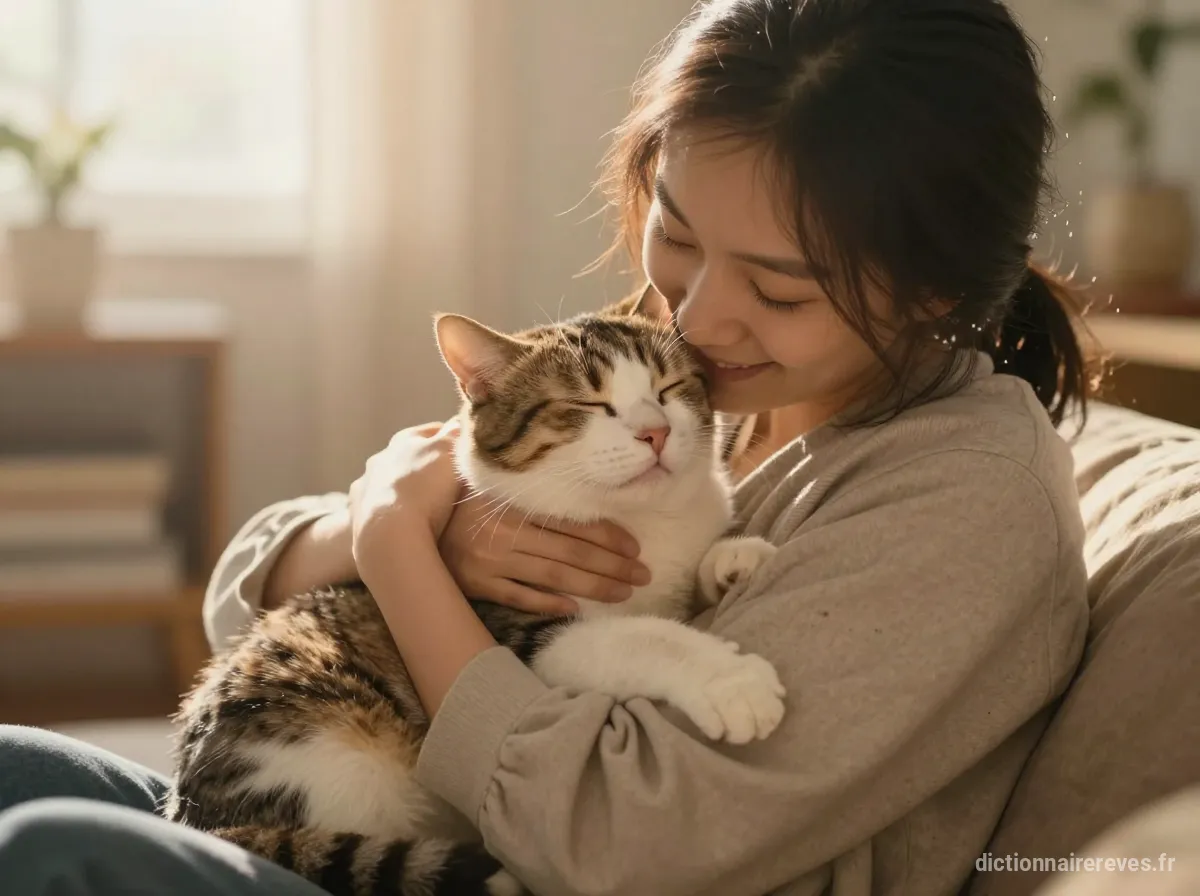 Une personne enlace un chat heureux et blotti, symbolisant l'amour et l'amitié retrouvés dans un moment chaleureux.