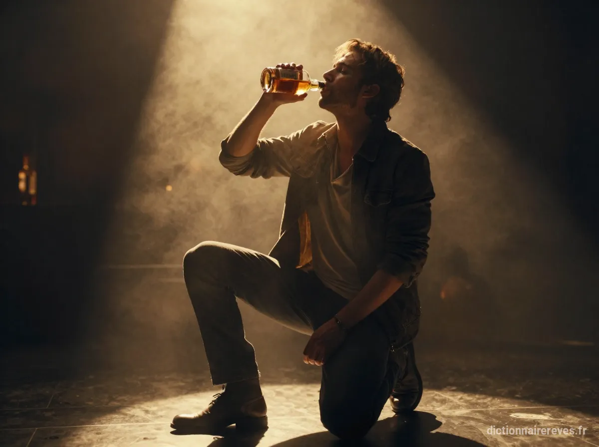 Un homme boit du whisky à la bouteille dans un décor baigné de lumière dorée avec un arrière-plan flou, symbolisant une inquiétude.