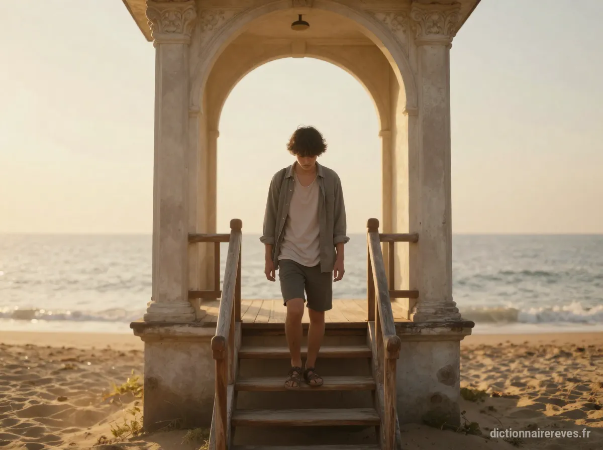 Une personne boitant descend un petit escalier à la sortie d'un bateau-salle d'arcade magnifique, sur une plage au coucher du soleil.