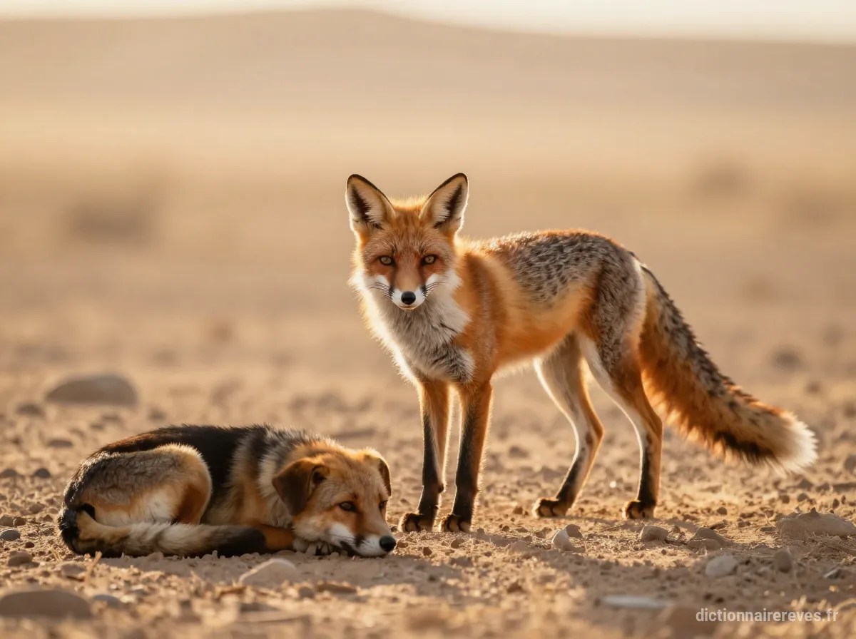 Un renard maigre et affaibli est entouré par un chien dans un paysage aride, puis il dort paisiblement à ses côtés.