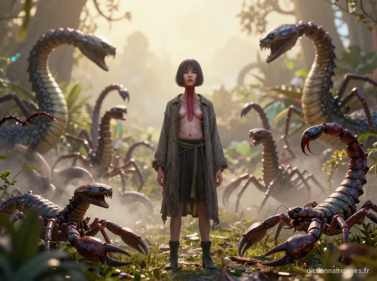 Une figure familière transformée avec une gorge rouge gonflée, entourée de créatures agressives ressemblant à des serpents et des scorpions dans un jardin baigné par la lumière dorée.